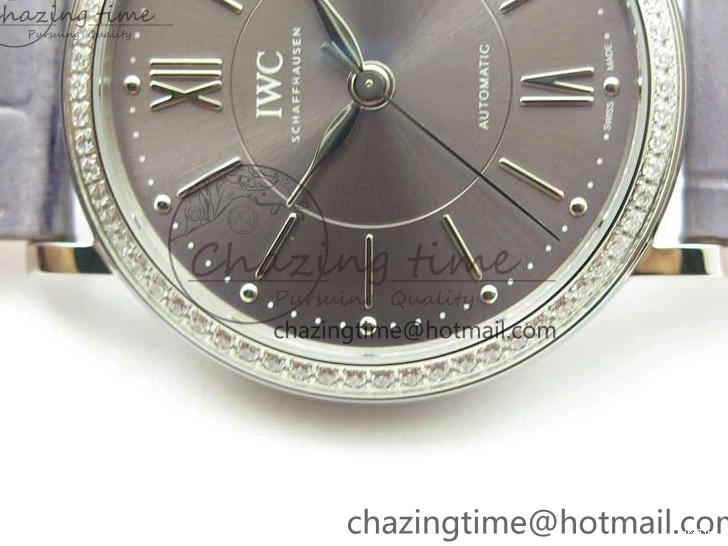 MIROTIME 0227 Attractive Portofino 37mm SS V7F 1:1 Best Edition Gray Dial Diamonds Bezel on Gray Leather Strap A 7091